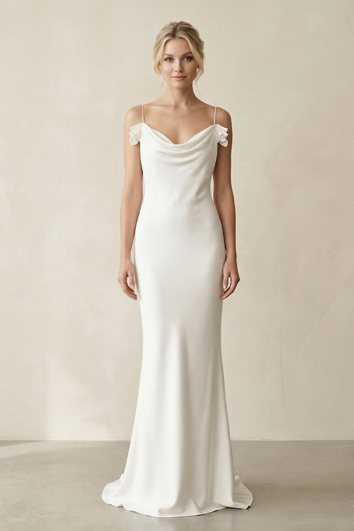 Sheath Cowl Neck Satin Maxi Wedding Dress in White - SHE IS ME Wedding Dresses