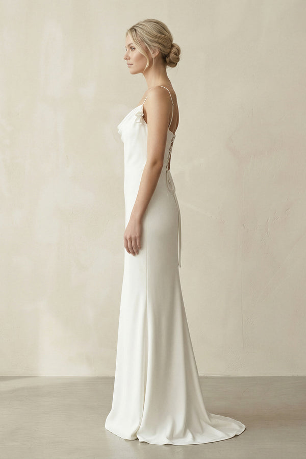 Sheath Cowl Neck Satin Maxi Wedding Dress in White - SHE IS ME Wedding Dresses
