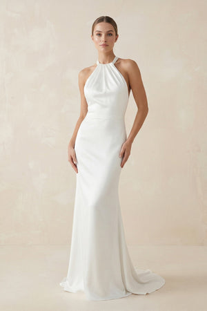 Sheath Halter Satin Backless Wedding Dress - SHE IS ME Wedding Dresses