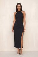 Sheath Halter Satin Midi Dress With Slit in Black– SHE IS ME Dresses