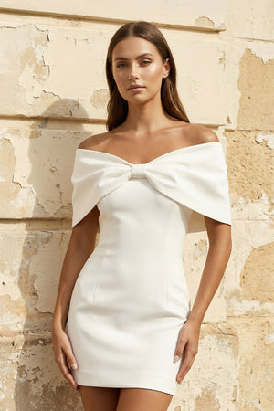 Sheath Off The Shoulder Satin Wedding Dress With Bow in White - SHE IS ME Wedding Dresses