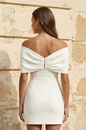 Sheath Off The Shoulder Satin Wedding Dress With Bow in White - SHE IS ME Wedding Dresses