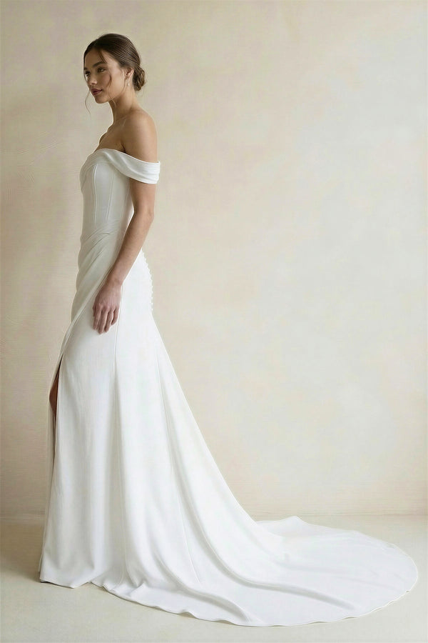 Sheath Off The Shoulder Satin Wedding Dress With Slit - SHE IS ME Wedding Dresses