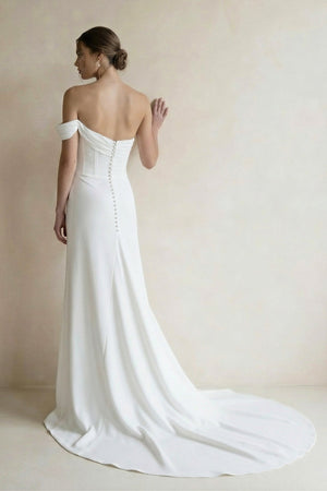 Sheath Off The Shoulder Satin Wedding Dress With Slit - SHE IS ME Wedding Dresses