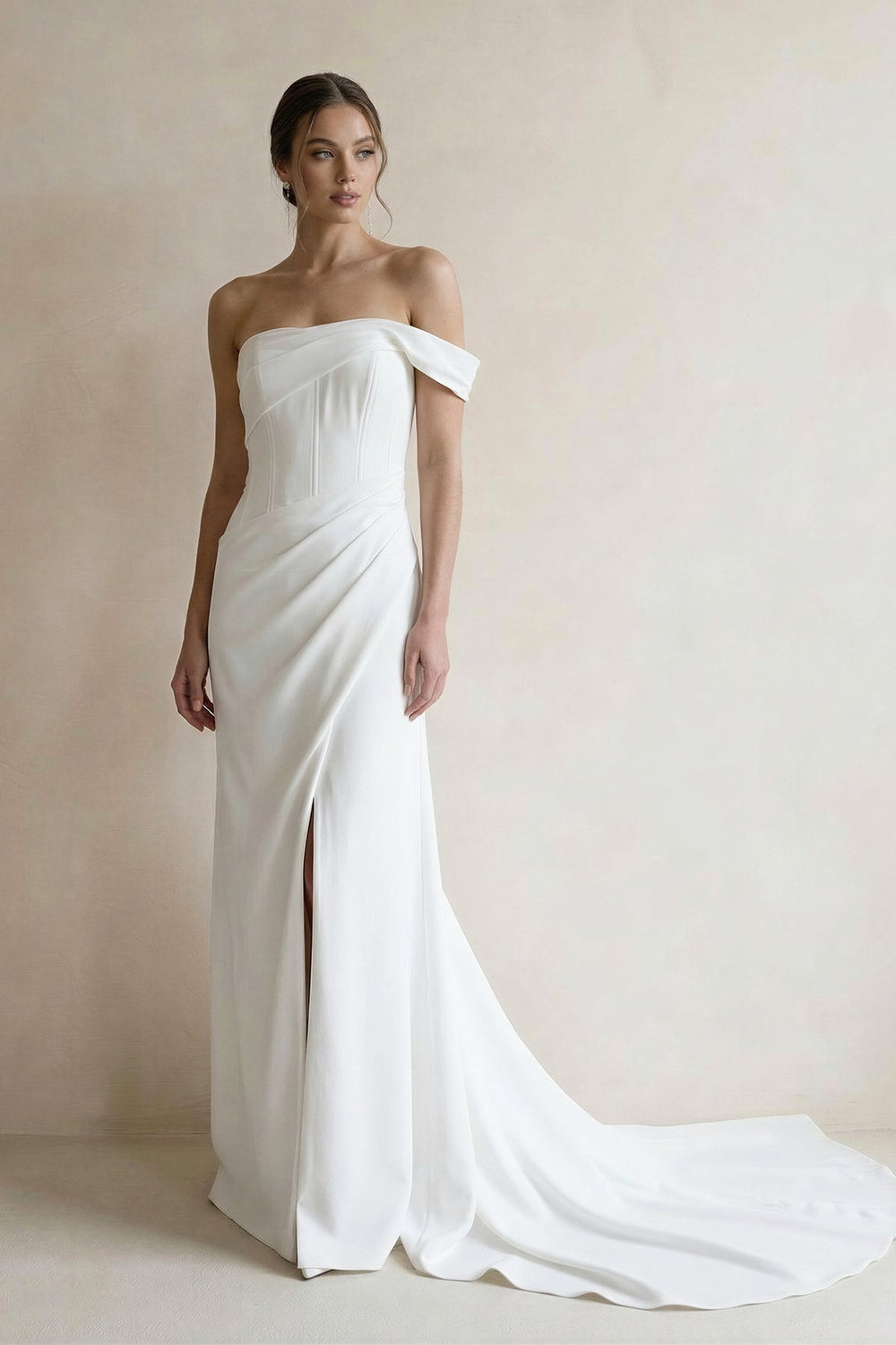 Sheath Off The Shoulder Satin Wedding Dress With Slit - SHE IS ME Wedding Dresses