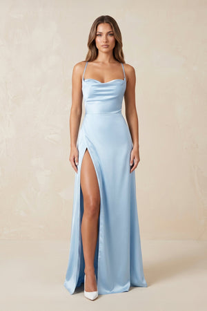 Sheath Ruched Blue Satin Long Prom Dress with Slit in Blue - SHE IS ME Prom Dresses