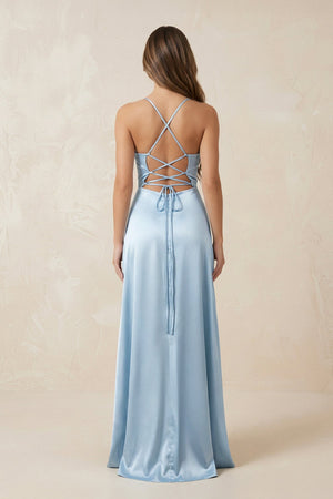 Sheath Ruched Blue Satin Long Prom Dress with Slit in Blue - SHE IS ME Prom Dresses