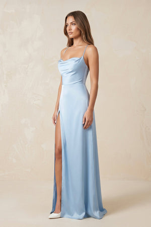 Sheath Ruched Blue Satin Long Prom Dress with Slit in Blue - SHE IS ME Prom Dresses