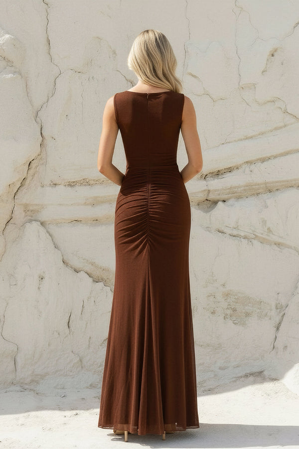 Sheath Ruched Front Draped Maxi Dress in Brown - SHE IS ME