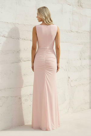 Sheisme-Pink Chiffon Bateau Neck Sheath Maxi Dress Formal Evening Dress