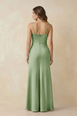 Spaghetti Strap Sheath Satin Bridesmaid Dress With Slit in Sage - KissProm Bridesmaid Dresses