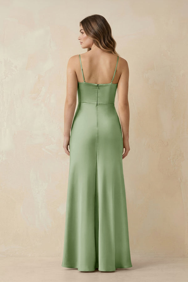 Spaghetti Strap Sheath Satin Bridesmaid Dress With Slit in Sage - KissProm Bridesmaid Dresses