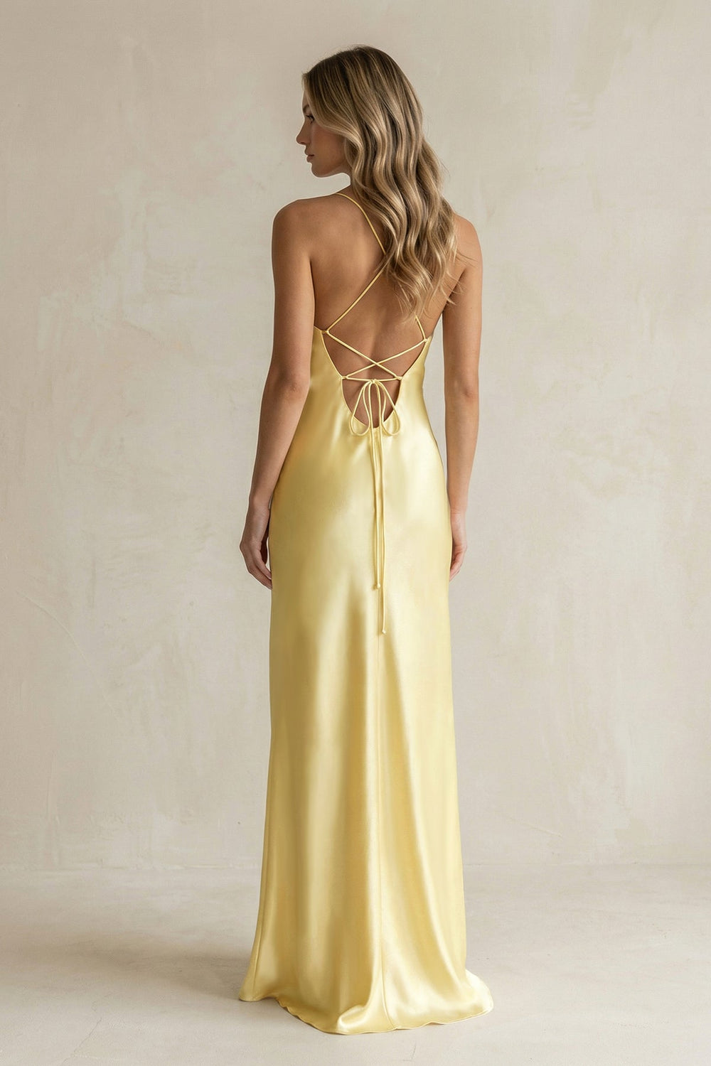 Sheath Satin Spaghetti Strap Bridesmaid Dress in Pastel Yellow - SHE IS ME Bridesmaid Dresses