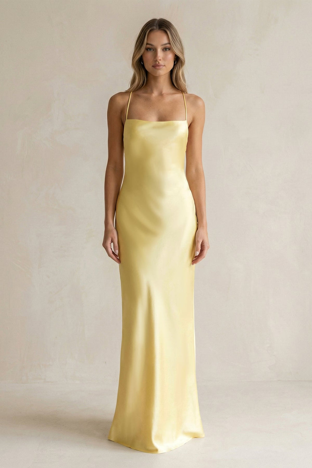 Sheath Satin Spaghetti Strap Bridesmaid Dress in Pastel Yellow - SHE IS ME Bridesmaid Dresses