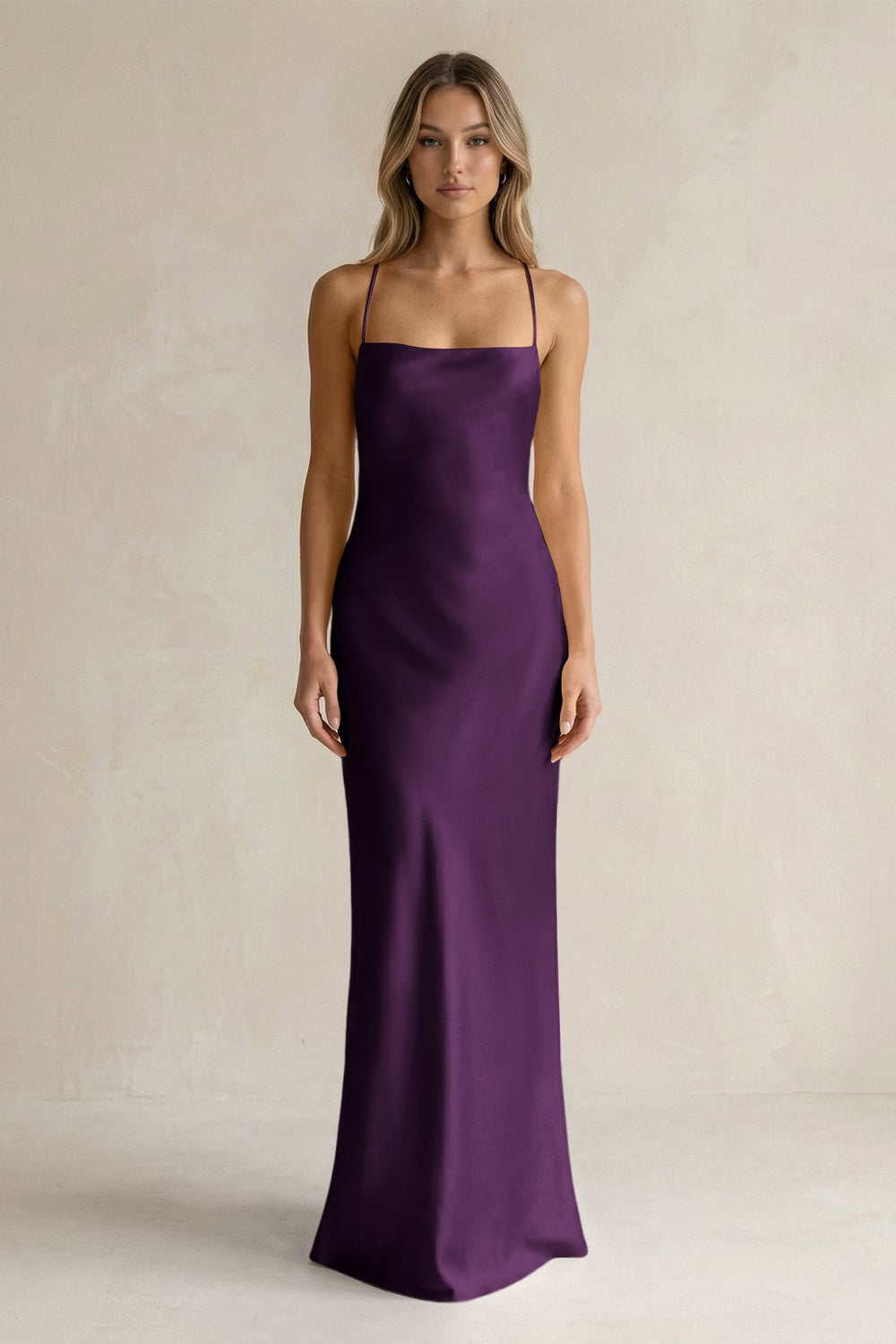 Sheath Satin Spaghetti Strap Bridesmaid Dress in Plum - SHE IS ME Bridesmaid Dresses