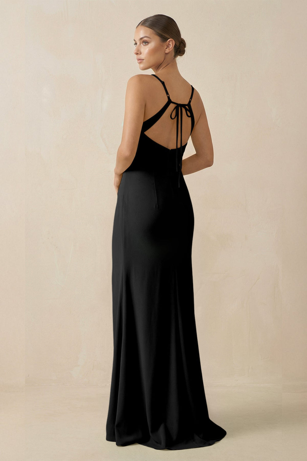 Sheath Spaghetti Straps Chiffon Long Bridesmaid Dress in Black - SHE IS ME Bridesmaid Dresses