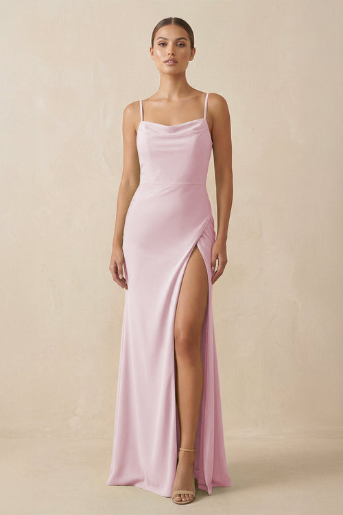 Sheath Spaghetti Straps Chiffon Long Bridesmaid Dress in Candy Pink - SHE IS ME Bridesmaid Dresses