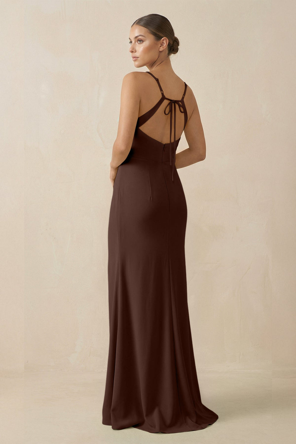 Sheath Spaghetti Straps Chiffon Long Bridesmaid Dress in Espresso - SHE IS ME Bridesmaid Dresses