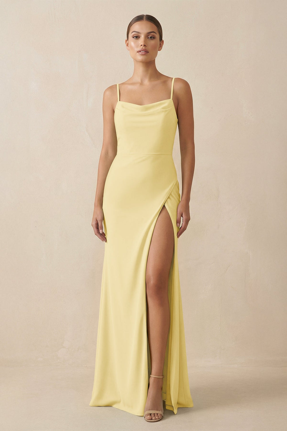 Sheath Spaghetti Straps Chiffon Long Bridesmaid Dress in Pastel Yellow - SHE IS ME Bridesmaid Dresses