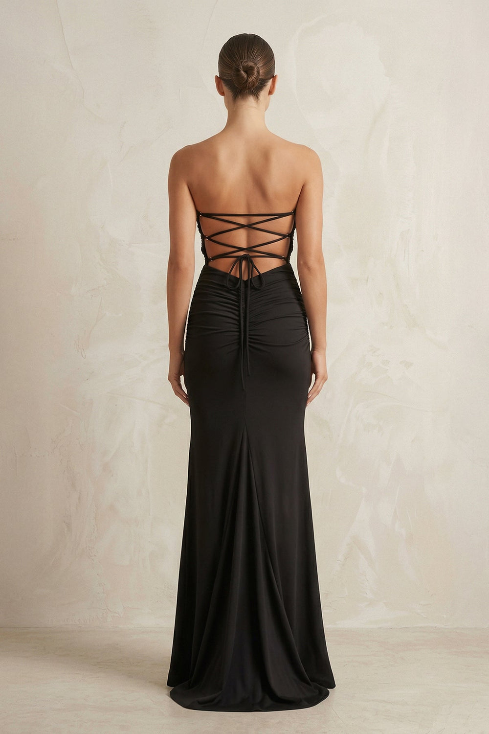 Sheath Strapless Ruched Satin Wedding Dress With Slit in Black - SHE IS ME Wedding Dresses