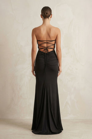 Sheath Strapless Ruched Satin Wedding Dress With Slit in Black - SHE IS ME Wedding Dresses