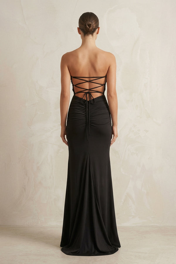 Sheath Strapless Ruched Satin Wedding Dress With Slit in Black - SHE IS ME Wedding Dresses