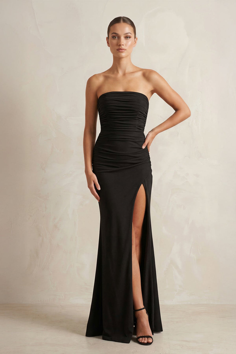 Sheath Strapless Ruched Satin Wedding Dress With Slit in Black - SHE IS ME Wedding Dresses