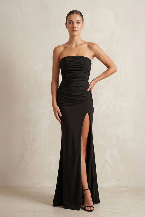 Sheath Strapless Ruched Satin Wedding Dress With Slit in Black - SHE IS ME Wedding Dresses