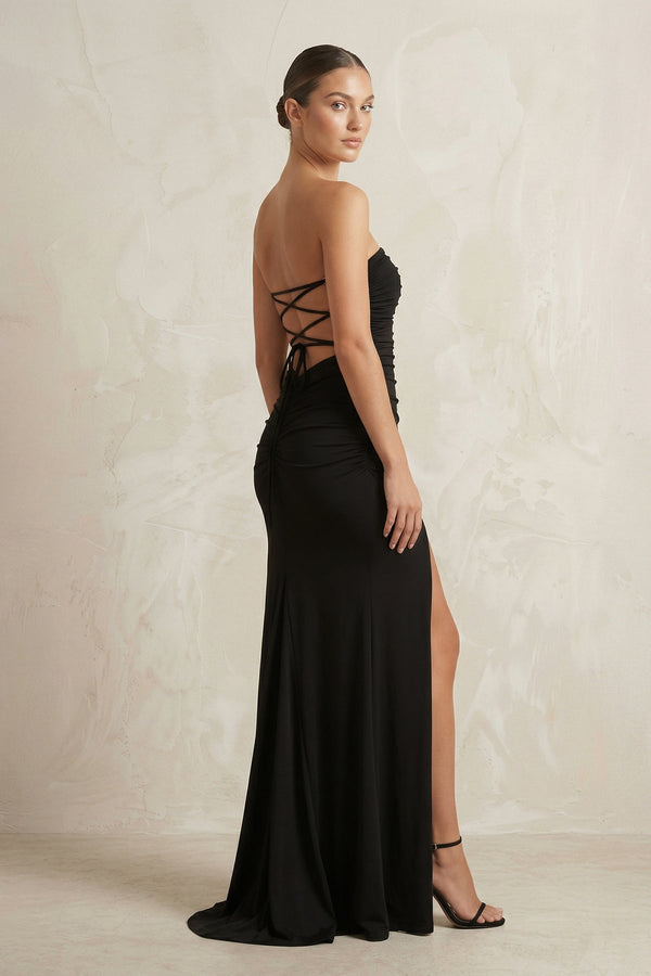 Sheath Strapless Ruched Satin Wedding Dress With Slit in Black - SHE IS ME Wedding Dresses