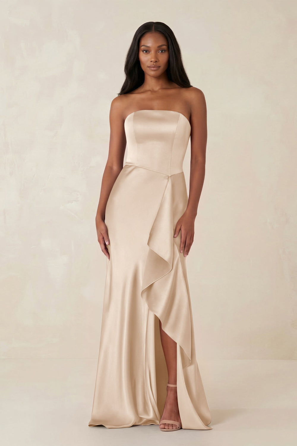 Sheath Strapless Ruffled Satin Bridesmaid Dress in Champagne - SHE IS ME Bridesmaid Dresses