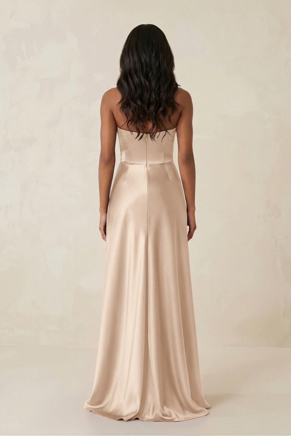 Sheath Strapless Ruffled Satin Bridesmaid Dress in Champagne - SHE IS ME Bridesmaid Dresses