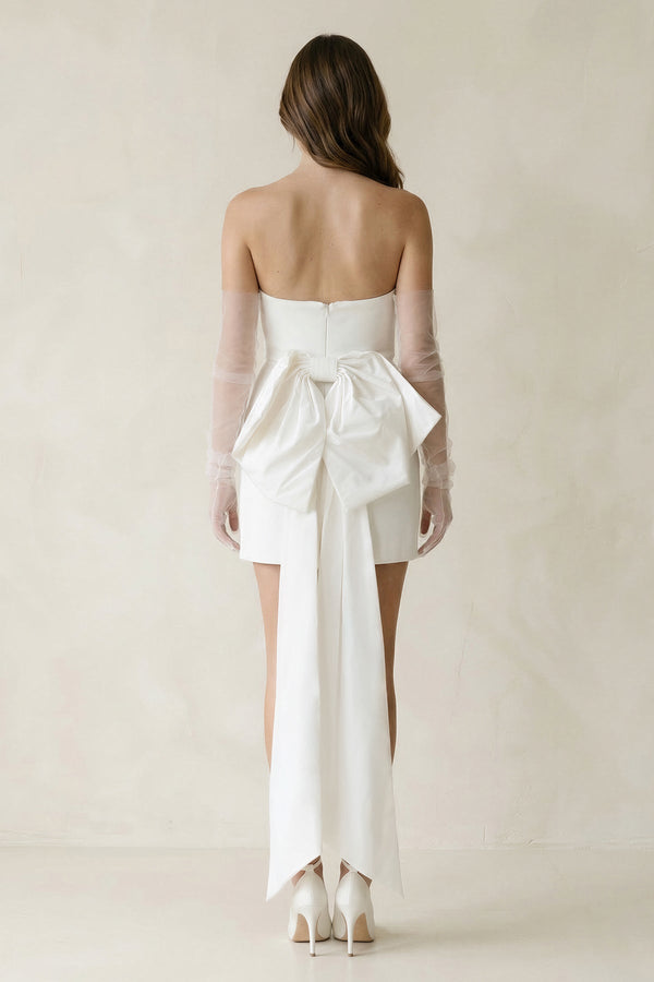 Sheath Strapless Satin Detachable Sleeves Mini Wedding Dress With Bow in White - SHE IS ME Wedding Dresses