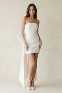 Sheath Strapless Satin Detachable Sleeves Mini Wedding Dress With Bow in White - SHE IS ME Wedding Dresses