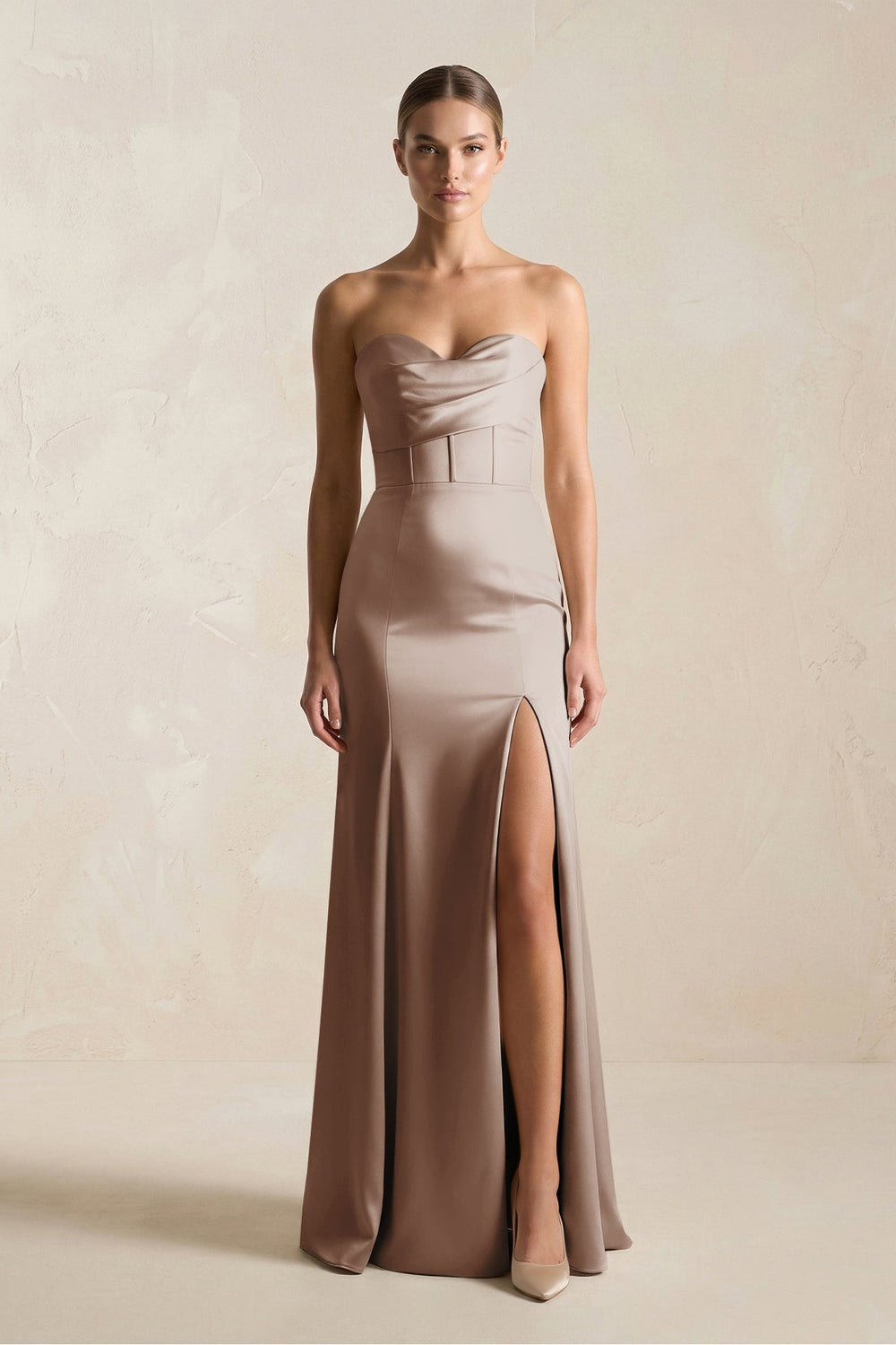 Sheath Sweetheart Corset Satin Bridesmaid Dress in Almond - SHE IS ME Bridesmaid Dresses