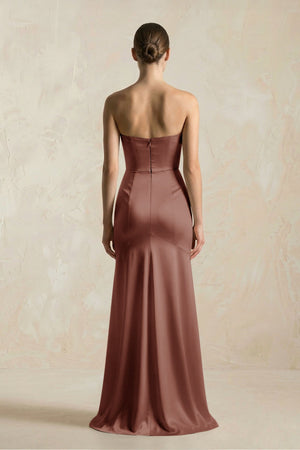 Sheath Sweetheart Corset Satin Bridesmaid Dress in Brown - SHE IS ME Bridesmaid Dresses