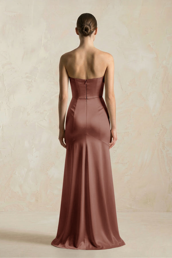 Sheath Sweetheart Corset Satin Bridesmaid Dress in Brown - SHE IS ME Bridesmaid Dresses