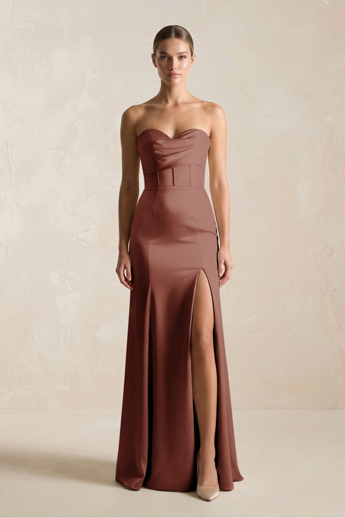 Sheath Sweetheart Corset Satin Bridesmaid Dress in Brown - SHE IS ME Bridesmaid Dresses
