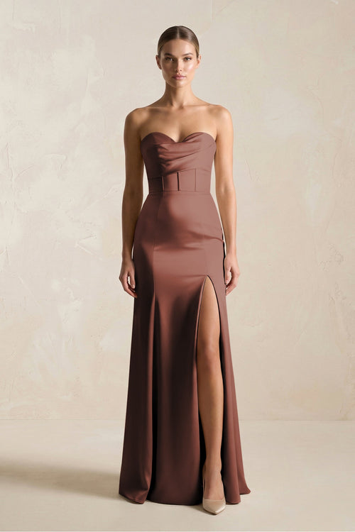 Sheath Sweetheart Corset Satin Bridesmaid Dress in Espresso - SHE IS ME Bridesmaid Dresses