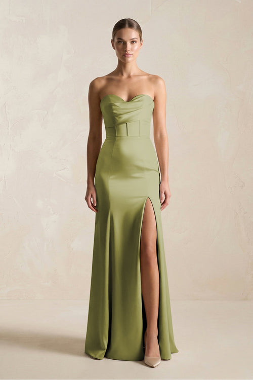 Sheath Sweetheart Corset Satin Bridesmaid Dress in Moss Green - SHE IS ME Bridesmaid Dresses