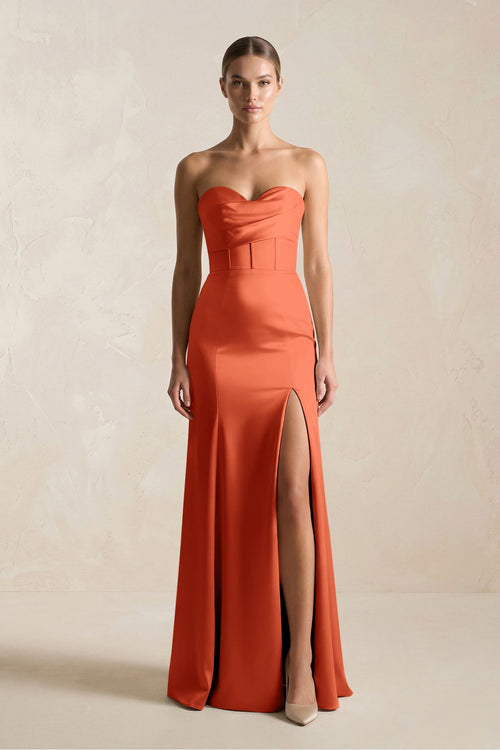 Sheath Sweetheart Corset Satin Bridesmaid Dress in Terracotta - SHE IS ME Bridesmaid Dresses