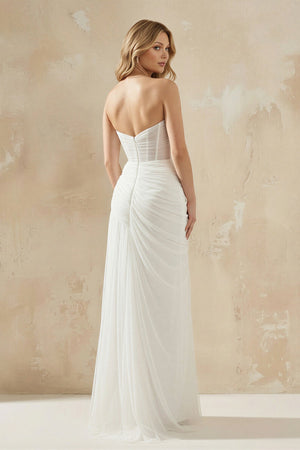Sheath Sweetheart Tulle Wedding Dress With Slit in White - SHE IS ME Wedding Dresses