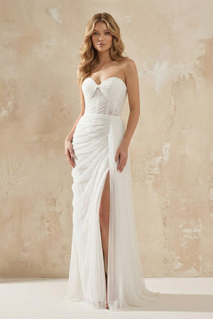 Sheath Sweetheart Tulle Wedding Dress With Slit in White - SHE IS ME Wedding Dresses