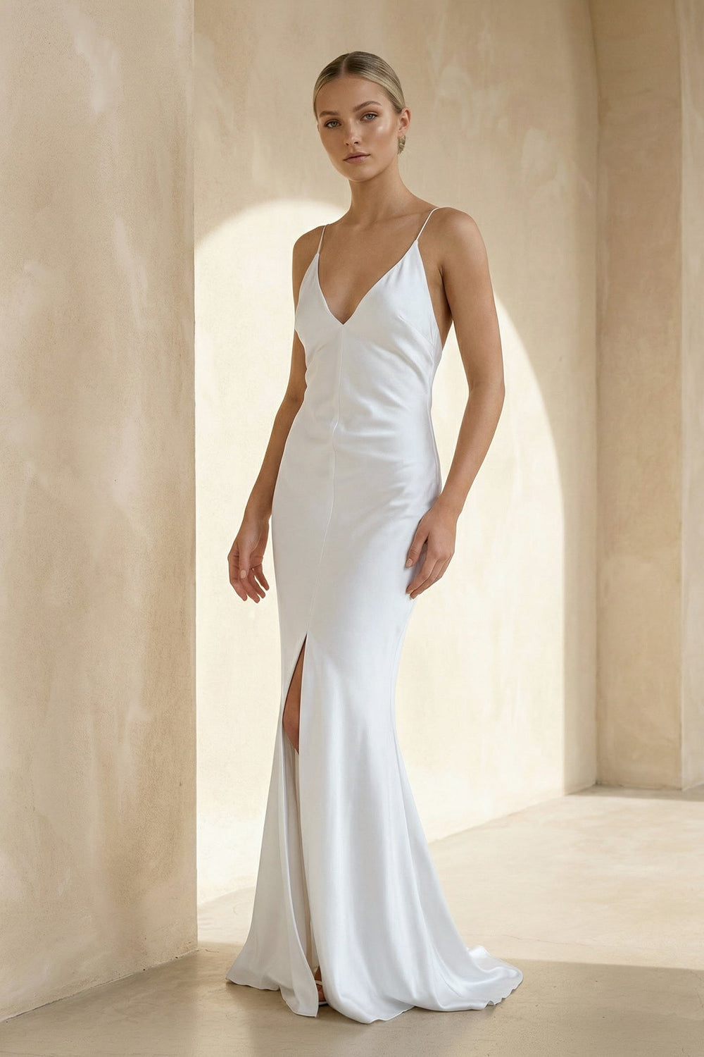 Sheath V - Neck Sleeveless Maxi Wedding Dresses in White - SHE IS ME Wedding Dresses