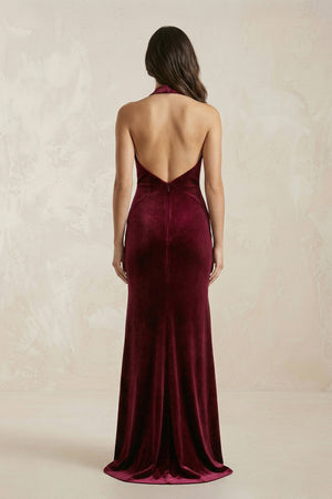Sheath Velvet V - Neck Bridesmaid Dress in Burgundy - SHE IS ME Bridesmaid Dresses