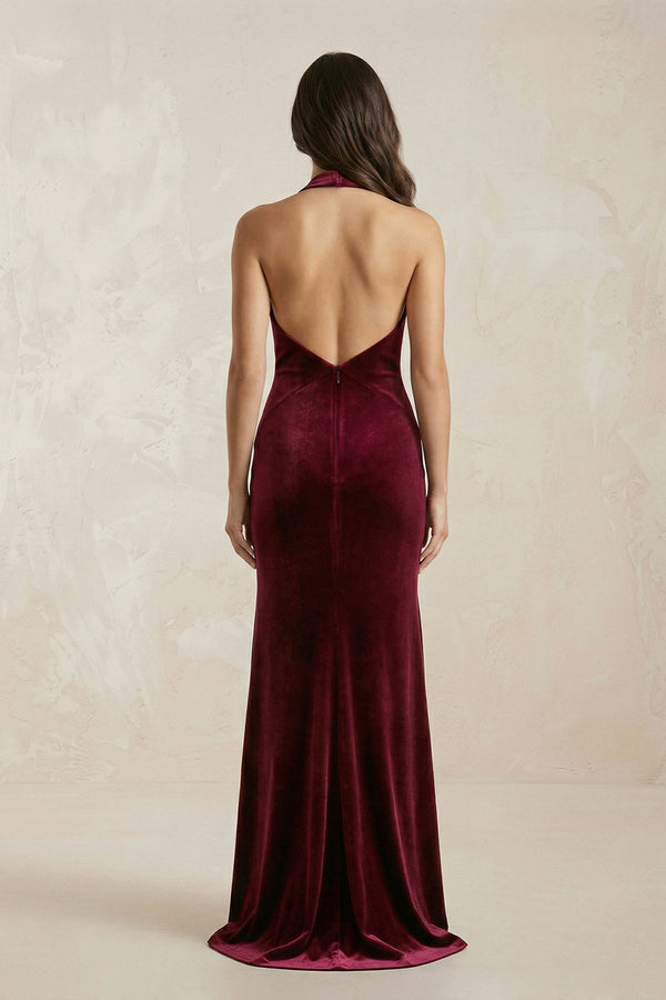 Sheath Velvet V - Neck Bridesmaid Dress in Burgundy - SHE IS ME Bridesmaid Dresses