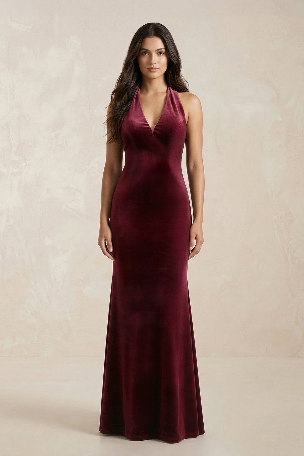 Sheath Velvet V - Neck Bridesmaid Dress in Burgundy - SHE IS ME Bridesmaid Dresses