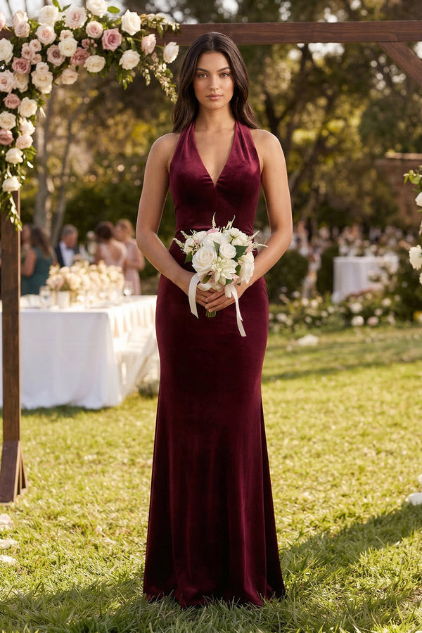 Sheath Velvet V - Neck Bridesmaid Dress in Burgundy - SHE IS ME Bridesmaid Dresses