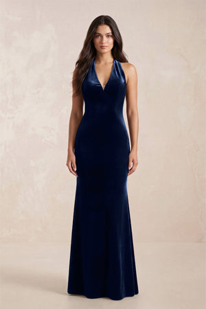 Sheath Velvet V - Neck Bridesmaid Dress in Dark Navy - SHE IS ME Bridesmaid Dresses