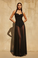 Sheer Tulle Halter Maxi Dress in Black - SHE IS ME PROM DRESSES