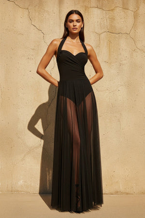 Sheer Tulle Halter Maxi Dress in Black - SHE IS ME